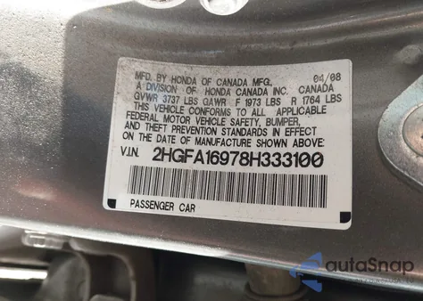 2008 Honda Civic Ex-L z USA, uszkodzony, nr VIN 2HGFA16978H333100